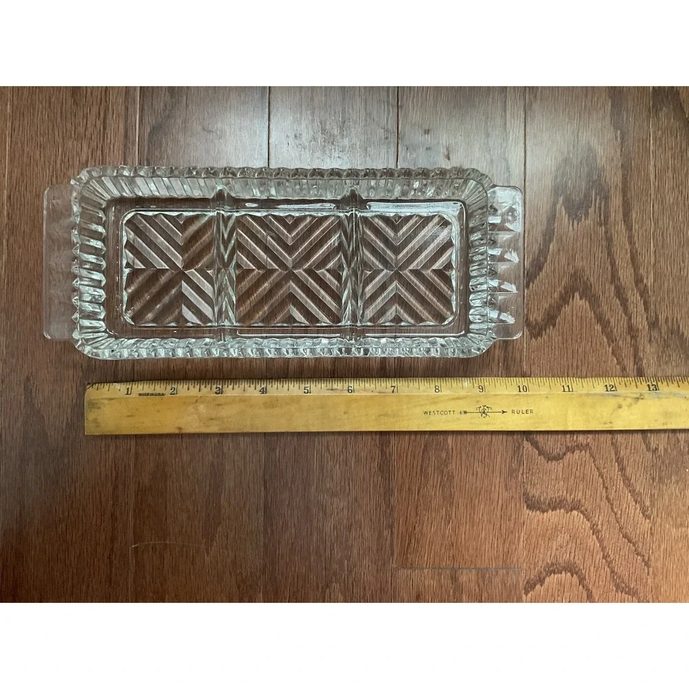 Vintage MCM Clear Herringbone Pressed Glass Relish Celery Dish‎ Scalloped Edges